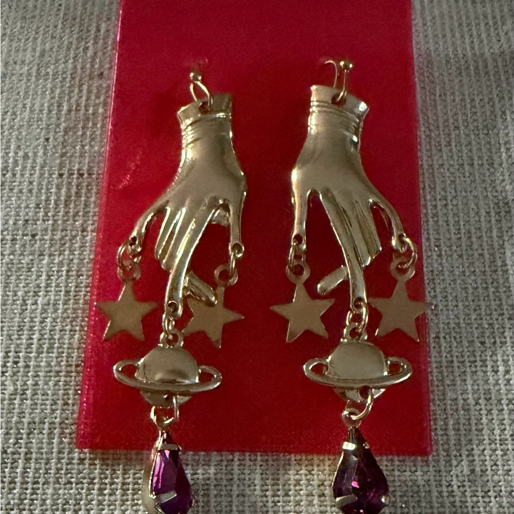 Source Unknown Gold Hand and Purple Teardrop Earrings - Picture 5 of 5